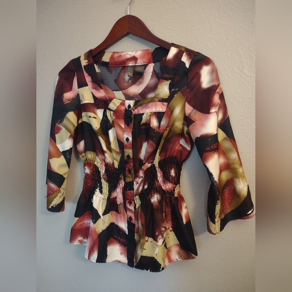 SERE NADE Abstract Print Peplum Blouse Black Cream Gold Dusty Pink - Picture 3 of 12